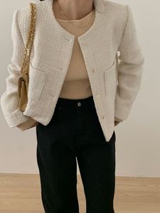 Autumn New Design Kvinnor O-hals långärmad enkelbröstad tweed ullfast färg kappa jacka ol casacos sml