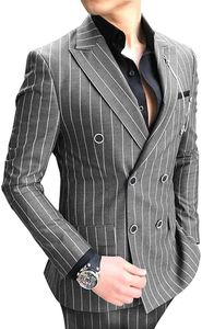 Formella Mäns Passar Regelbunden Fit 2 Piece Wool Prom Classic Striped Double Breasted Suits Gray Tuxedos Business Jacket för Bröllop X0909