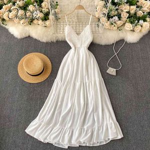 Sommar kvinnor vit glida parti maxi bacaless crochet ruffle bälte elegant chiffong semester lång klänning 210415