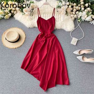 Korobov sommar strand stil kvinnor klänning koreanska ärmlös av axel hög midja klänningar boho spaghetti strap vestidos femme 210430