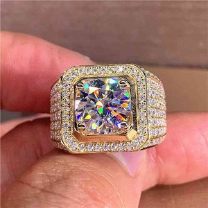 Gold Solitaire Male 2ct Lab Diamond Brass Ring Zircon Jewelry Engagement Wedding Band Rings for Men Gift