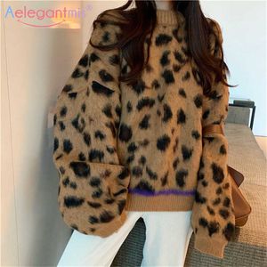 AELEGANTMIS韓国風の緩いLeopard Mohair Cozyセーター女性ソフトウォームニット特大プルオーバー女性レトロジャージーMUJER 210607