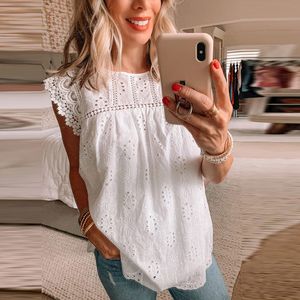 Vit spets ärmlös Ruffles Solid Kvinnor Blus Hollow Out O-Neck Ladies Blusar Sommar Elegant Lös Casual Kvinna Toppar 210518