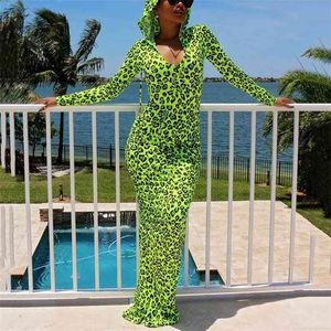 OMSJ Trendy Lady Green Leopard Print Long Dress Spring Autumn Sleeve U Neck Slim Vestidos With Hat Party Club Clothing 210517