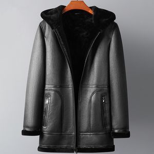 후드 가죽 자켓 겨울 코트 망 두껍고 따뜻한 진짜 모피 자켓 윈드 브레이커 플러스 사이즈 L-5XL 검은 오버 코트 겉옷 지퍼