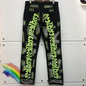 Angustiado infinito dano buraco buraco jeans jeans homens mulheres fluorescentes carta verde bordado calças