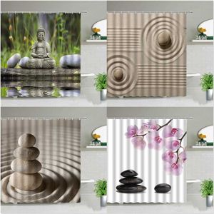 Zen Stone Buddha Flowers Scenery Shower Curtains Creativity Art Bathroom Bath Curtain With Hooks Waterproof Fabric Bathtub Decor 211116