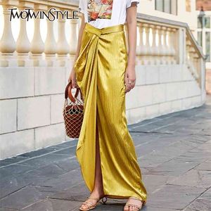 女性のファッションの夏の服のためのカジュアルなAsymmteircalスカートハイウエストのRuched不規則な裾の縞模様のスカート210521