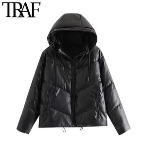 Women Fashion Faux Leather Padded Jacket Thick Warm Parka Coat Vintage Long Sleeve Pockets Female Outerwear Chic Tops 210507