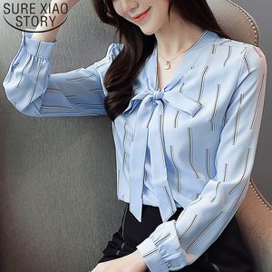 Autumn Fashion Chiffon Blouses Long Sleeve V-neck Clothing Casual Striped Blue Women Tops Office Lady 5497 50 210415