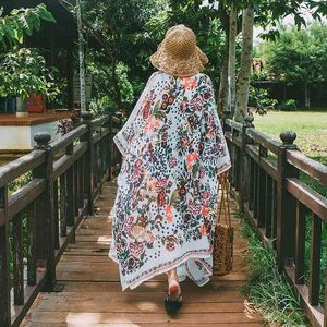 Bikini Cover-ups Boho Gedruckt Long Kimono Strickjacke Baumwolle Tunika Frauen Plus Size Strand Tragen Schwimmen Anzug Vertusten Sarongs A207 210420