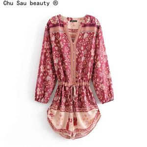 가을 여성의 V 목 긴 소매 중공 스티치 위치 인쇄 인쇄 Drawstring 술 jumpsuit 여성 Boho 210508