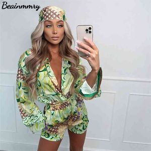 Za Summer Women Red Print Long Sleeve Blouses Top Shirts And Mini Shorts Set Y2K Casual Three Piece Sets Party Sexy Outfits 210721