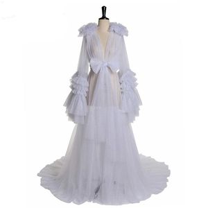 White Squine Ruffles Sleeves Tulle Kimono Women Dresses Robe for Photoshoot Extra Bow Sexy Prom Gowns African Cape Cloak Maternity Dress Photography