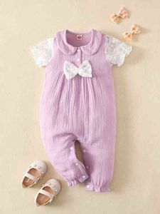 Baby Textured Bow Front Peter-Pan Collar Contrast Lace Frill Hem Jumpsuit Hon