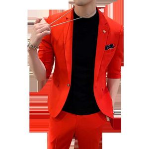 2021 Trend Mäns kostym Elegant Vit Bröllop Mode 2 Satser av Green Suit Mäns Slim Suit Rosa Ny Tuxedo Solid Color X0909