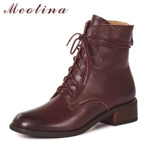 Short Boots Women Shoes Real Leather Mid Heel Lady Block Heels Zip Cross Tied Ankle Autumn Winter Brown 42 210517 GAI