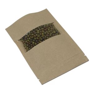 12x20cm Brun Kraft Paper Zipper Clear Window Packaging Bag för snacks Kryddor Ställ upp Kraft Paper Tear Notch Wrap