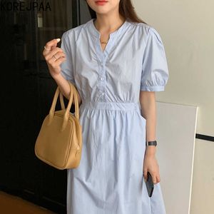 Korejpaa mulheres vestido verão coreano moda chique elegante temperamento pequeno v-pescoço único breasted bolha manga longa vestidos longos 210526