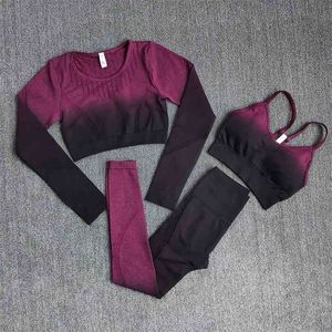 オムレ女性ヨガセットワークアウト長袖クロップトップスポーツブラジャーシームレスレギンスジム服フィットネスウェアスーツ210802