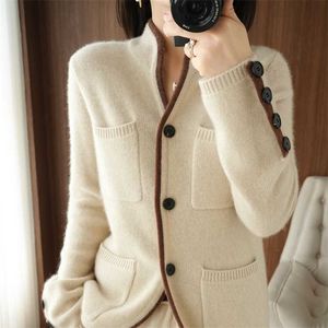 100% Cashmere / Wool Sweater Autumn/Winter Women's Stand-up Collar Cardigan Casual Knit Tops Korean Plus Size Female Jacket 211218