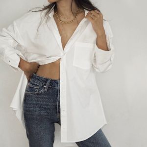 Office Lady White Shirt Women Blouse Female Long Sleeve Top Shirts Summer Cotton Blouses Pocket Basis Casual Womens Tops Blouses 210419