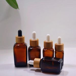 30 ml Amber Kare Damlalık Cam Şişe Çevre Dostu Bambu Beyaz Siyah Kap Kozmetik Uçucu Yağ Aromaterapi Konteyner Ambalaj SN5419