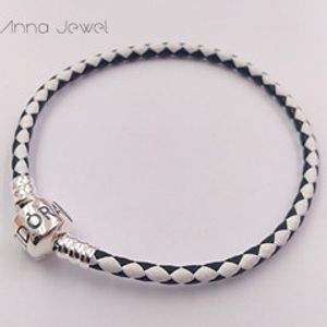 Högkvalitativa fina smycken vävda 100% äkta läderarmband Vit svart 925 Silverpärla Pandora Charms Armband DIY Märkning för kvinnor Män Presenter