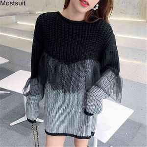 Осенняя мода вязаный свитер Женщины свободно хит цвет кружева лоскутное длинное рукавовое уплотнительное шею пуловерные топы корейские уличные 210518