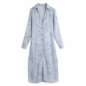 Kvinnor Floral Print Sashes Midi Shirt Klänning Kvinna Långärmad Kläder Casual Lady Loose Vestido D7559 210430