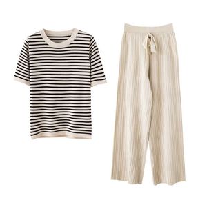 PERHAPS U Apricot Black Short Sleeve Striped Top Wide Leg Lace-up Bow Solid Pants Full Pants Knitting Two-piece Set Summer T0157 210529