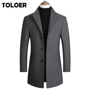 Winter Wool Jacket Mens High-quality Coat Casual Slim Solid Blends Male Long Cotton Collar Luxurious Trench Men 211217