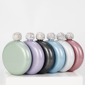 5oz Round Hip Flask with Rhinestones 304 Stainless Steel Portable Wine Pot Flash Paint Mini Lady Water Bottle