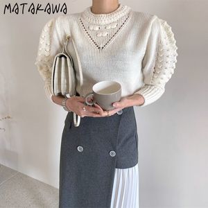 MATAKAWA Französisch Elegante Frau Pullover Koreanische Chic Rundhals Dreidimensionale Puff Sleeve Pullover Langarm Pullover 210513