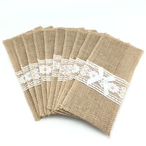 Bröllopsdekorationer 10st Natural Jute Burlap -bestickhållare Förpackningsgaffel och kniv för bröllopsfestdekoration 11*21 cm