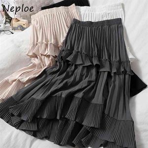 Neploe Autumn Pleated Skirt High Waist Irregular Hem Flouncing Women Long Skirt Fashion Faldas Jupe Femme 1F658 210721