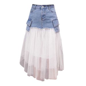 PERHAPS U Blue Denim Mesh Patchwork Knee Length Empire High Street A Line Skirt Pocket Summer S0197 210529