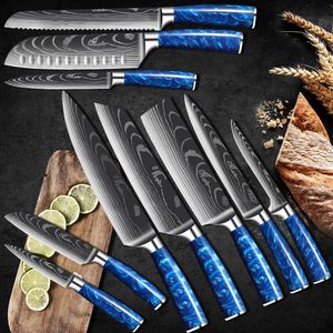 Paslanmaz Çelik Şef Bıçağı Seti Mutfak Bıçakları Profesyonel Japon Santoku Balta Keskin Reçine Kolu Lazer Şam Desen Keskin Programı Dilimleme Pişirme Aracı