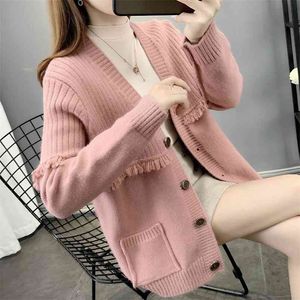 여성을위한 단단한 니트 카디건 한국어 버튼 패션 가을 여성 의류 V 넥 스웨터 210427