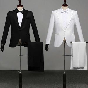 Män Prom Passar Shawl Lapel Vit Svart Formell Suit Evening Party Show Performance Wedding Singer Stage Wear Tuxedo Dress Coat X0909