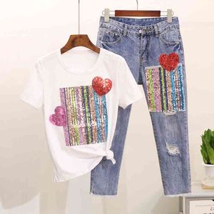 M-5XL Frauen Sommer Pailletten Herz T-shirts Denim Sets Baumwolle T-shirt + Knöchel-Länge Hosen Loch Hosen 2 Stück Set anzüge 210416