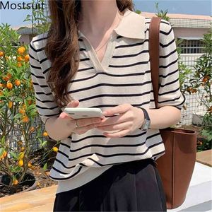 Summer Striped Knitted Pullover Women Short Sleeve Turn-down Collar Tops Korean Vintage Casual Fashion Jumpers Femme 210513