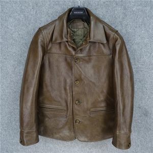 Casaco de couro de couro de couro masculino, jaqueta genuína do homem, jaqueta clássica do estilo de Brakeman de Japão, vendas marrons longas