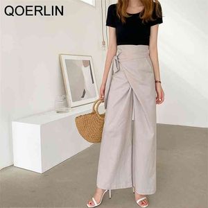 Linne Drawstring Koreansk stil Lös brett ben Straight Byxor Enkel Solid Oregelbundna Side Lace-up Casual Trousers Kvinna 210601