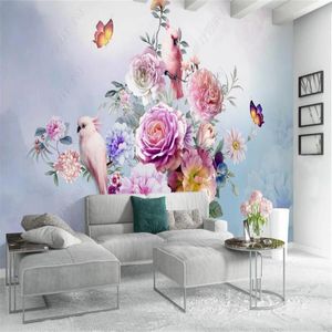 Duvar Kağıtları El-Boya Retro Gül Çiçek Papağan Özel Duvar Kağıdı Ev Dekorasyonu Duvar 3D Po Duvar Kağıdı Yatak Odası Kendi Yapıştırıcı