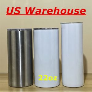 Local Warehouse! 22oz Sublimation Straight Fatty Tumblers Rostfritt Stål Koppar Dubbel Vägg Isolerad Kaffe Koppar Värmeöverföring Vattenflaskor A12