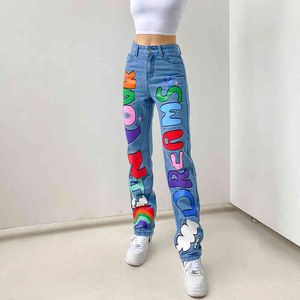 Mulher Impresso Calças de Jeans High Cintura Denim Blue Streetwear Calças Vintage Moda Moda Bonito Calças Longas Longas 210524