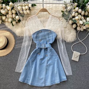 Singreiny Kadınlar Retro Denim Elbise Kore Splice Nokta Mesh Uzun Kollu V Boyun A-Line Elbiseler Yaz Moda Streetwear Kısa Elbise 210419