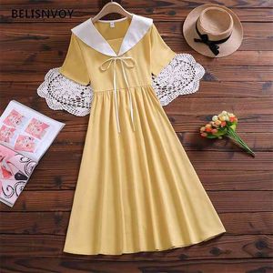 Japansk Preppy Style Summer Women Sweet Dress Sailor Collar Bow Femininos Kortärmad Vestidos Elegant Chic med sashes 210520