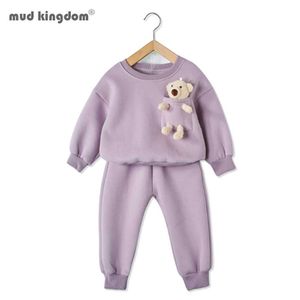 Mudkingdom Winter Autumn Girl Clothes Set Striped Outfits with Bear Plush Toy Casual Kid 210615